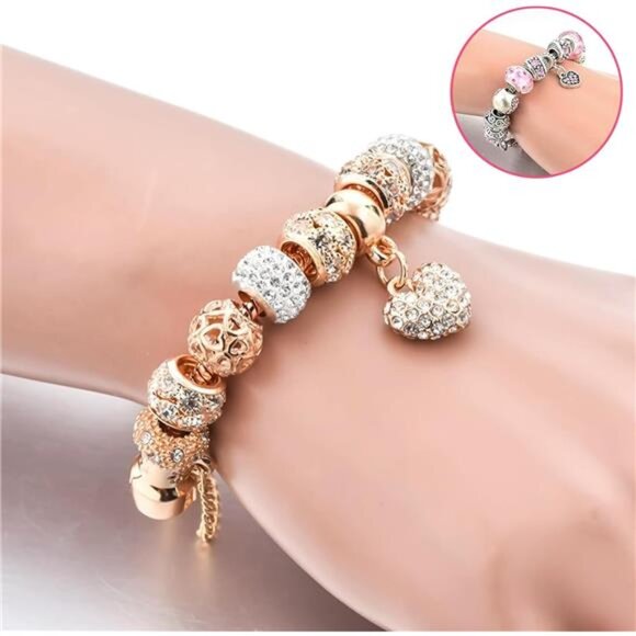 2 Pack Charm Bracelets Pink and Gold Heart Silver Plated Charm Bracelet, - Picture 5 of 7